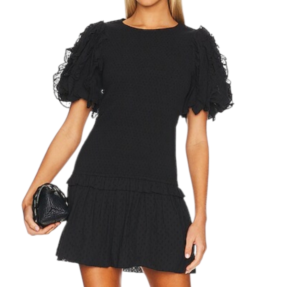 NEW/Cleobella Black Swiss Dot with Ruffle Puff Sleeves Smocked Dress.Size Medium